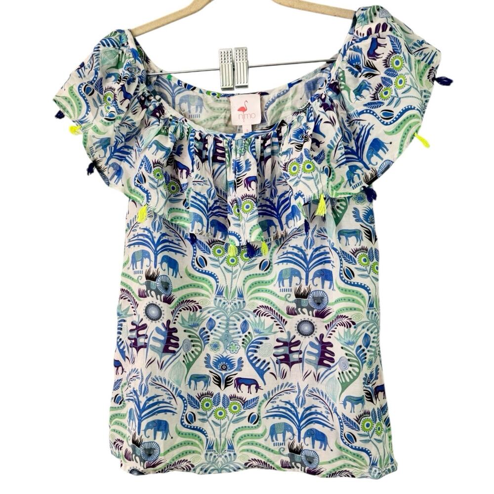Nimo With Love Tuckernuck Off Shoulder Safari Print Tassel Ruffle Blouse Small